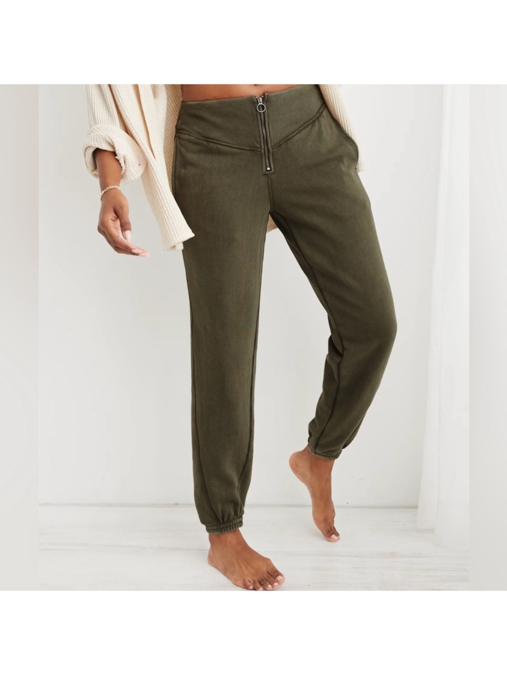 Aerie Fleece Corset Sweatpant Joggers Green Lounge Front Zip Comfort Size Small
